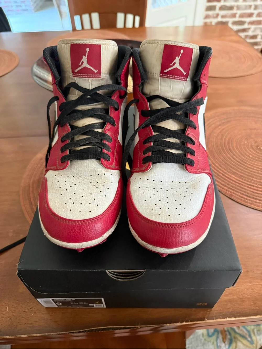 Jordan Mens Red and White High-Top Football Cleats with Black Laces